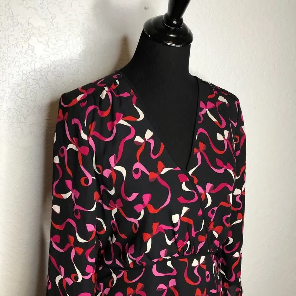 Kate Spade black red pink ribbon bow v neck dress size 4